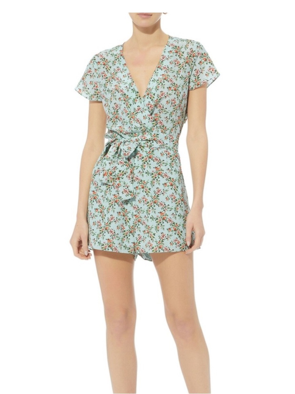 INTERMIX Lilith Silk Mint Floral Tie-Front Romper | 2